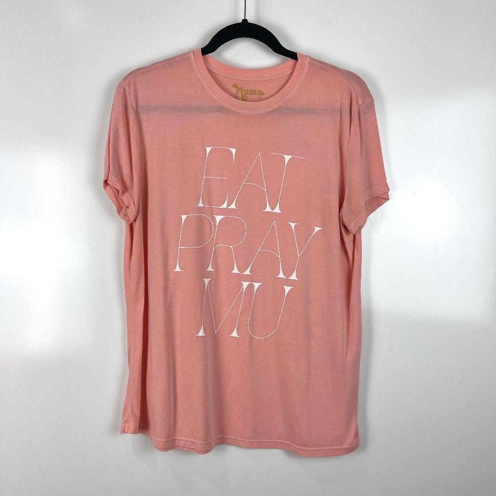 Show Me Your Mumu Eat Pray Mu Graphic T-Shirt Pink Short Sleeve Casual Tee Small